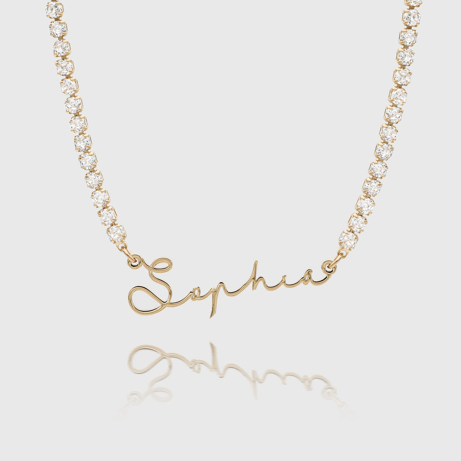 Gold "Sophia" name necklace with diamond chain.