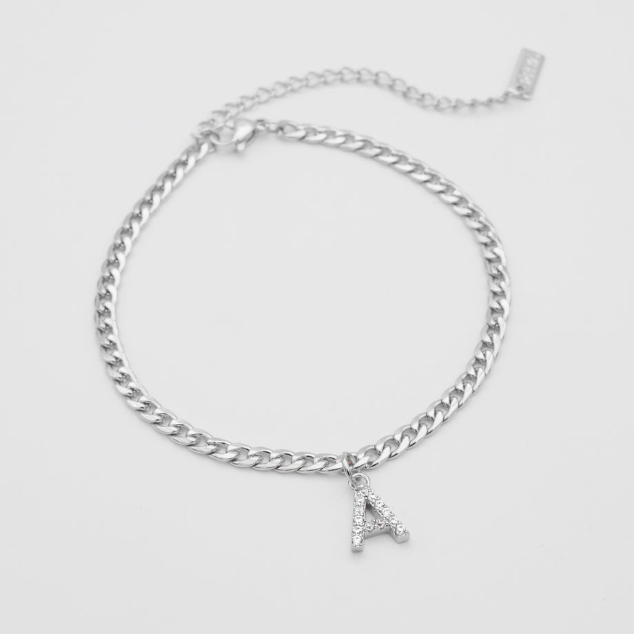 ICY Initial Anklet, cuban chain in silver from prya