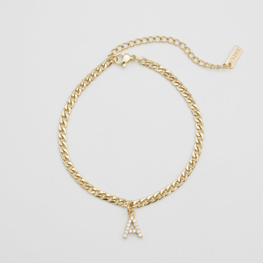 ICY Initial Anklet, cuban chain in gold from prya