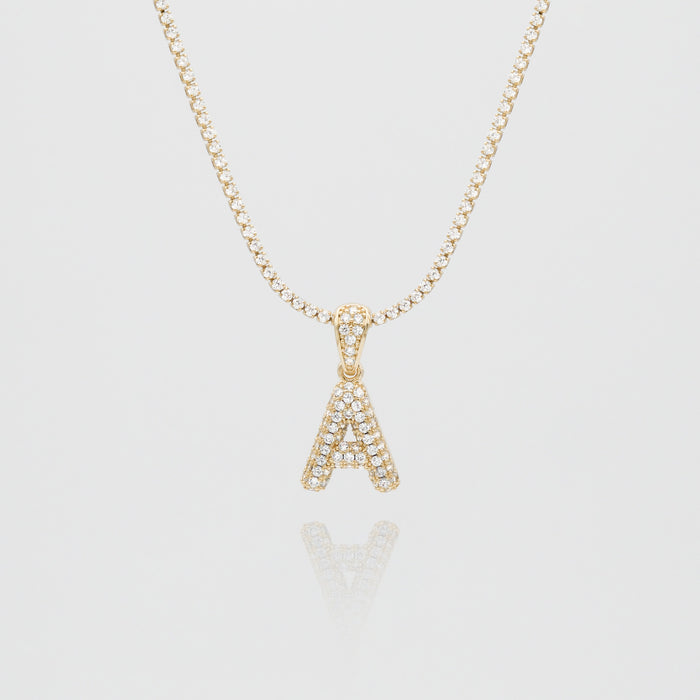 icy mini bubble initial necklace in 18k gold or silver plated, in mini curb, tennis and rope chain from prya