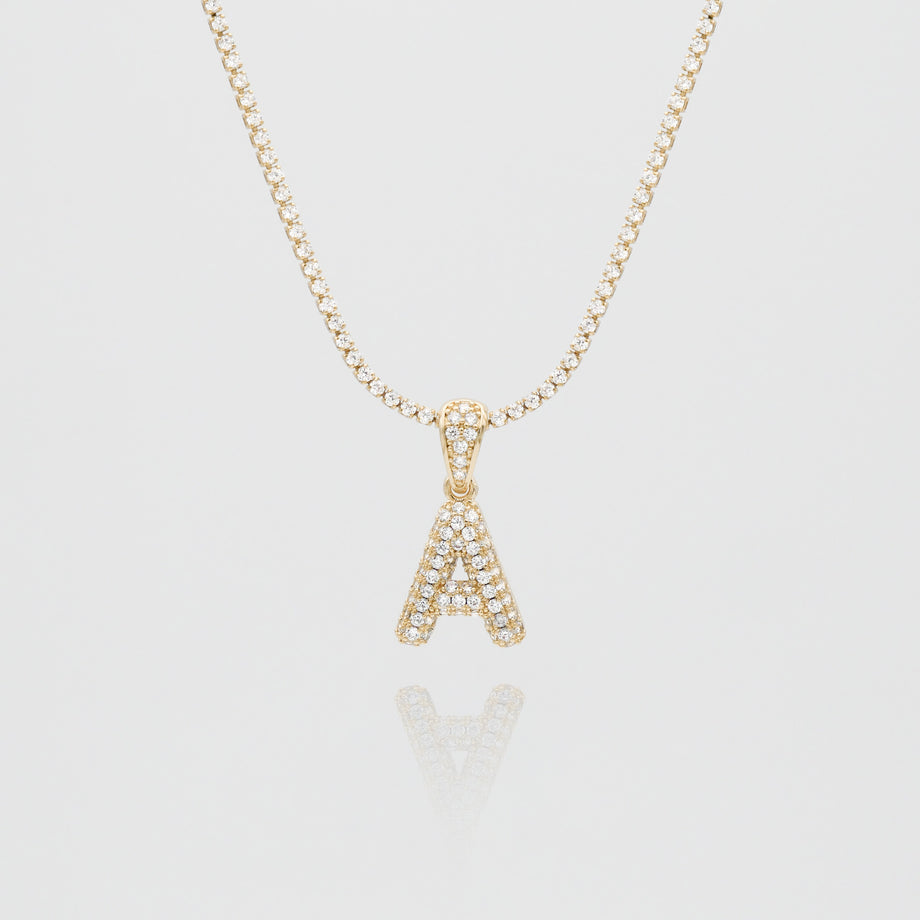 icy mini bubble initial necklace in 18k gold or silver plated, in mini curb, tennis and rope chain from prya