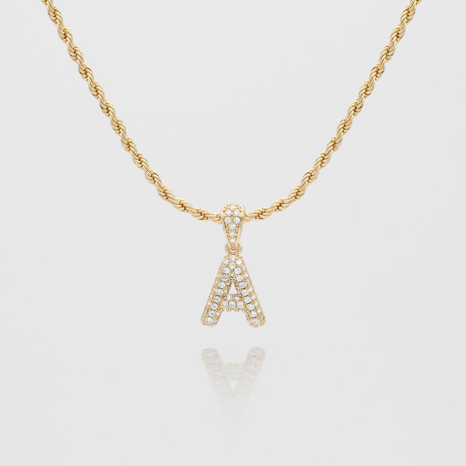 icy mini bubble initial necklace in 18k gold or silver plated, in mini curb, tennis and rope chain from prya