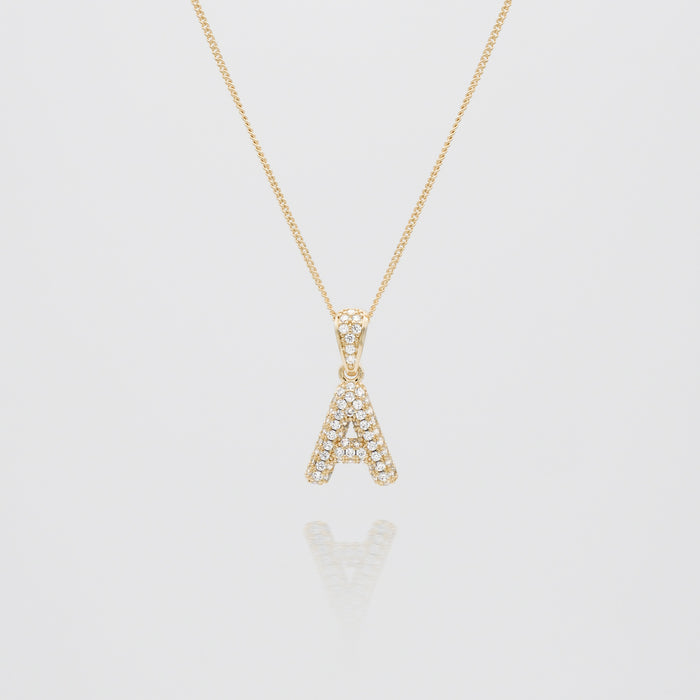 icy mini bubble initial necklace in 18k gold or silver plated, in mini curb, tennis and rope chain from prya