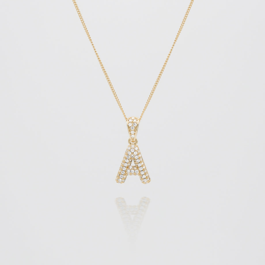 icy mini bubble initial necklace in 18k gold or silver plated, in mini curb, tennis and rope chain from prya