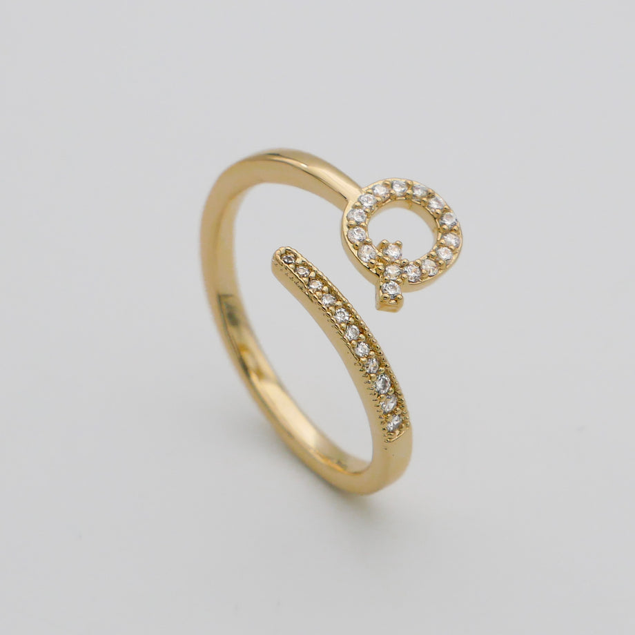 Gold Paved, adjustable Icy initial ring in Q