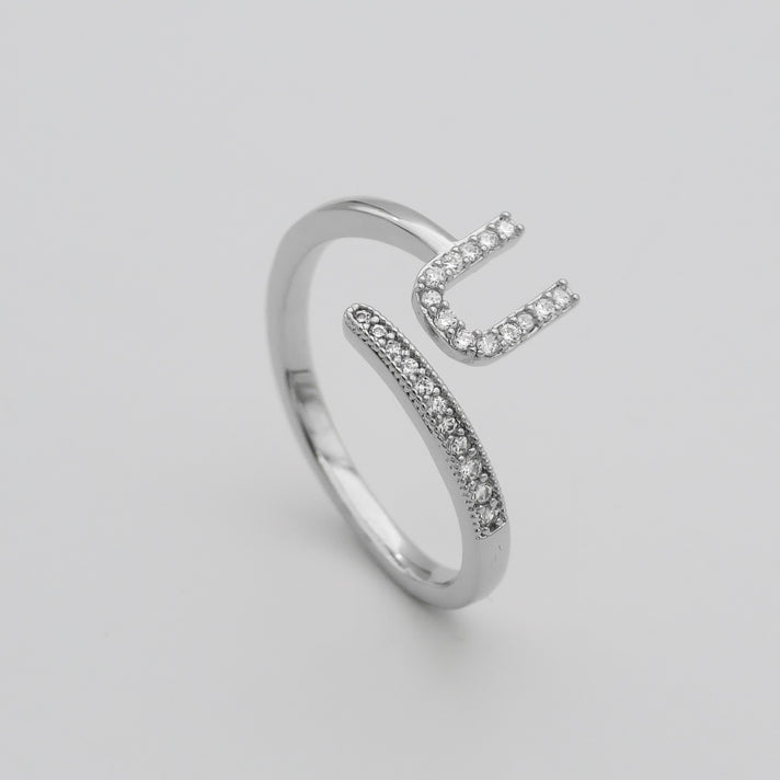 Silver Paved, adjustable Icy initial ring in U