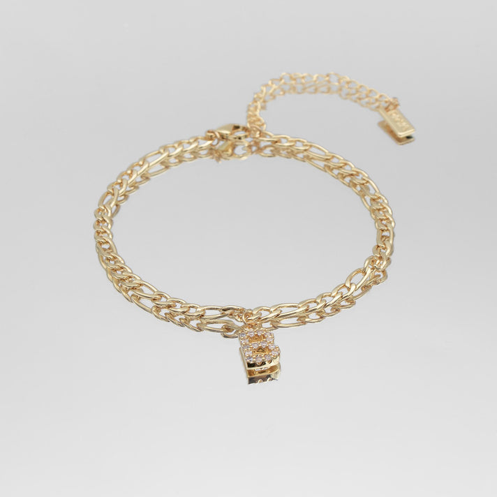 icy Initial Anklet in gold on figaro chain from PRYA Jewellery UK