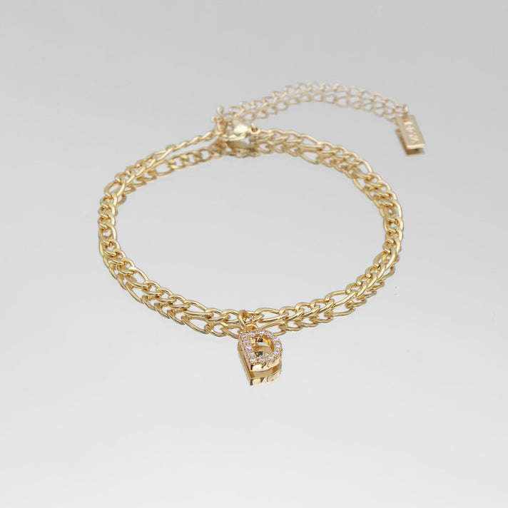 icy Initial Anklet in gold on figaro chain from PRYA Jewellery UK