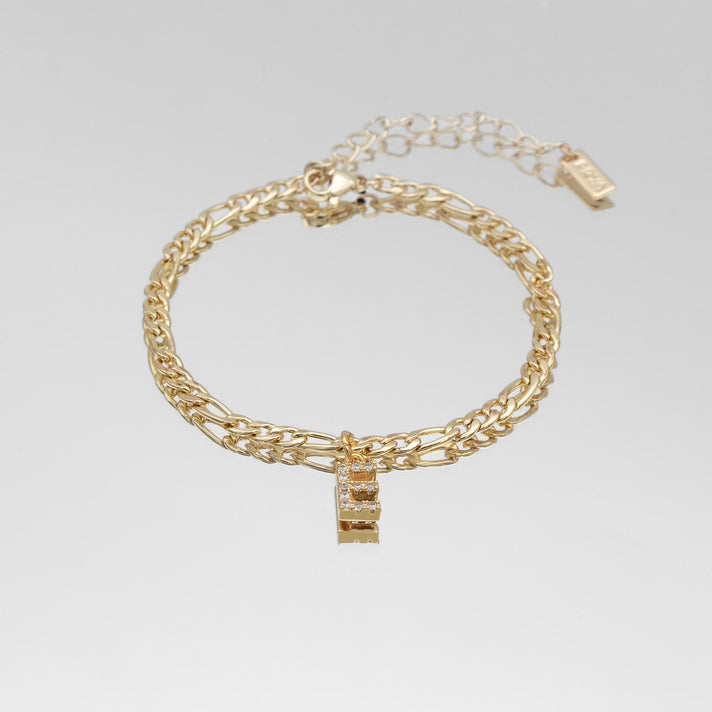 icy Initial Anklet in gold on figaro chain from PRYA Jewellery UK
