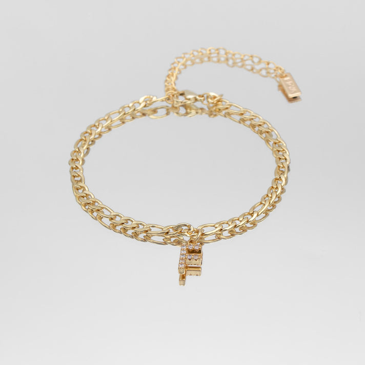 icy Initial Anklet in gold on figaro chain from PRYA Jewellery UK