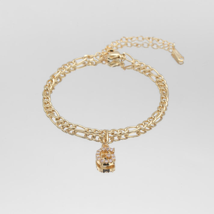 icy Initial Anklet in gold on figaro chain from PRYA Jewellery UK
