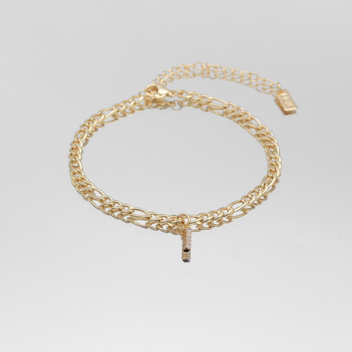 icy Initial Anklet in gold on figaro chain from PRYA Jewellery UK