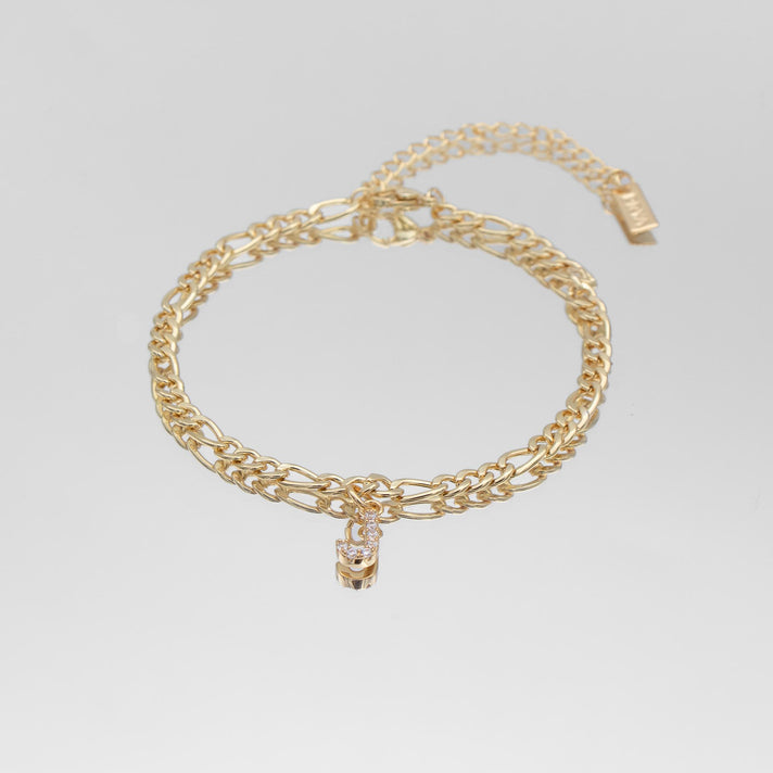 icy Initial Anklet in gold on figaro chain from PRYA Jewellery UK