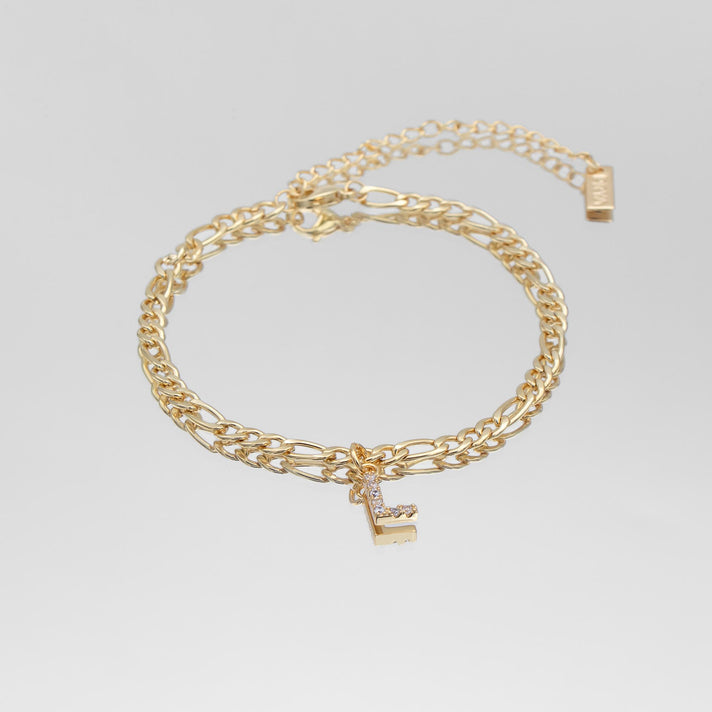 icy Initial Anklet in gold on figaro chain from PRYA Jewellery UK