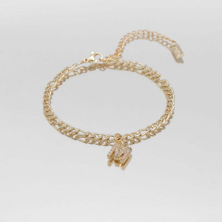 icy Initial Anklet in gold on figaro chain from PRYA Jewellery UK