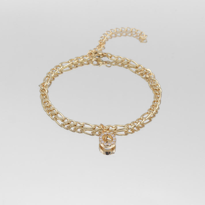 icy Initial Anklet in gold on figaro chain from PRYA Jewellery UK