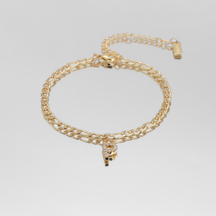 icy Initial Anklet in gold on figaro chain from PRYA Jewellery UK