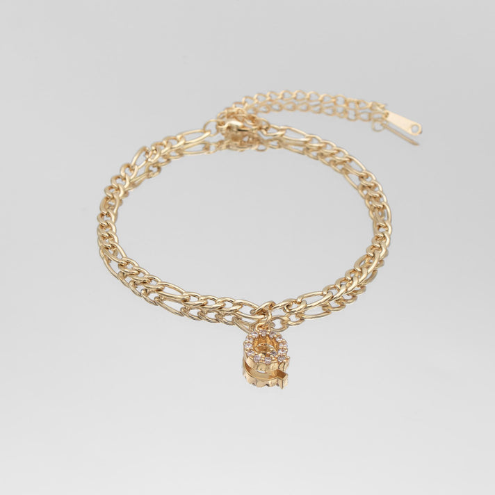 icy Initial Anklet in gold on figaro chain from PRYA Jewellery UK