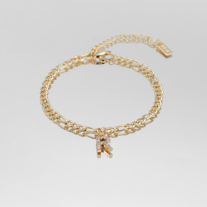 icy Initial Anklet in gold on figaro chain from PRYA Jewellery UK