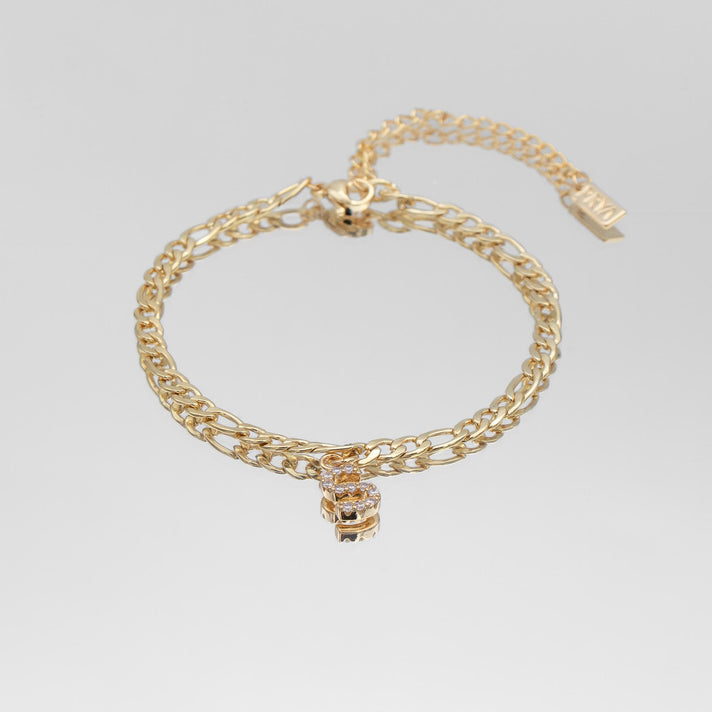 icy Initial Anklet in gold on figaro chain from PRYA Jewellery UK