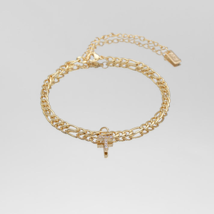 icy Initial Anklet in gold on figaro chain from PRYA Jewellery UK