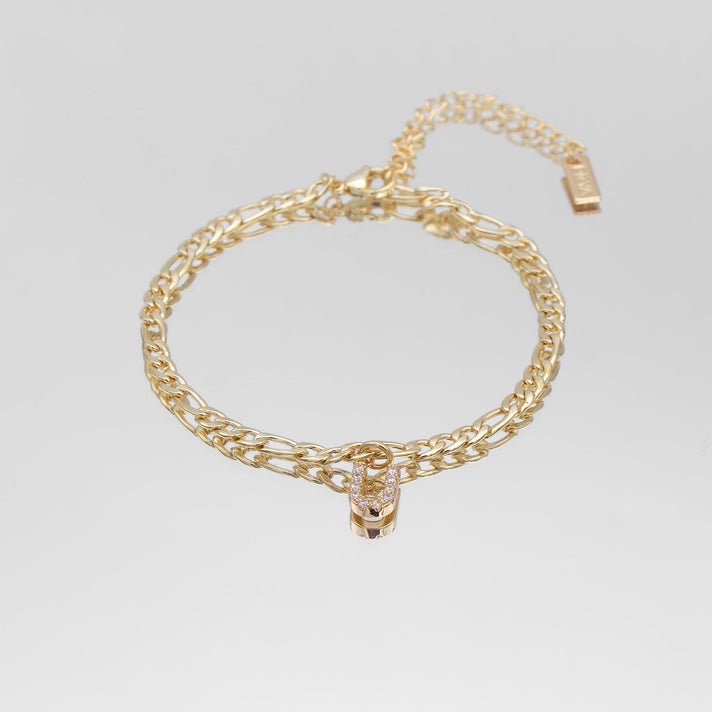 icy Initial Anklet in gold on figaro chain from PRYA Jewellery UK