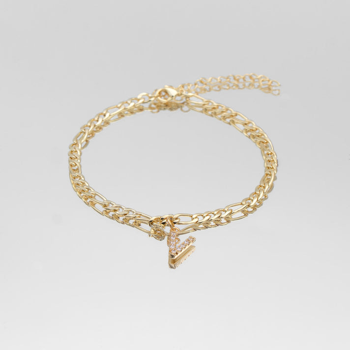 icy Initial Anklet in gold on figaro chain from PRYA Jewellery UK