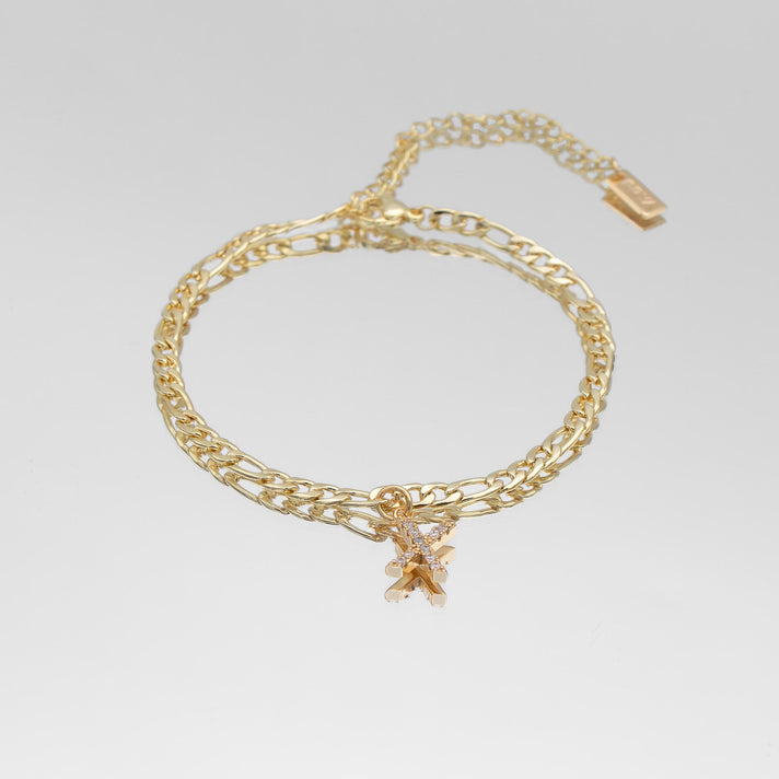 icy Initial Anklet in gold on figaro chain from PRYA Jewellery UK