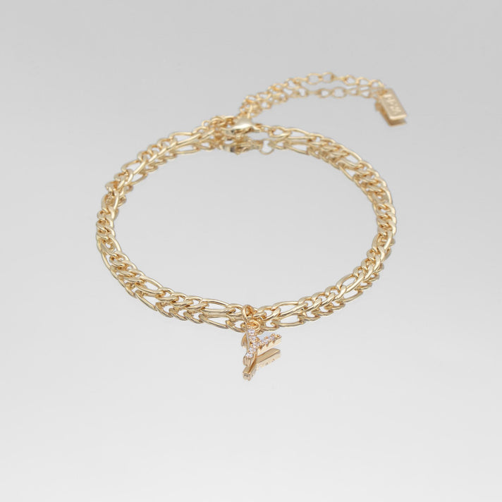 icy Initial Anklet in gold on figaro chain from PRYA Jewellery UK