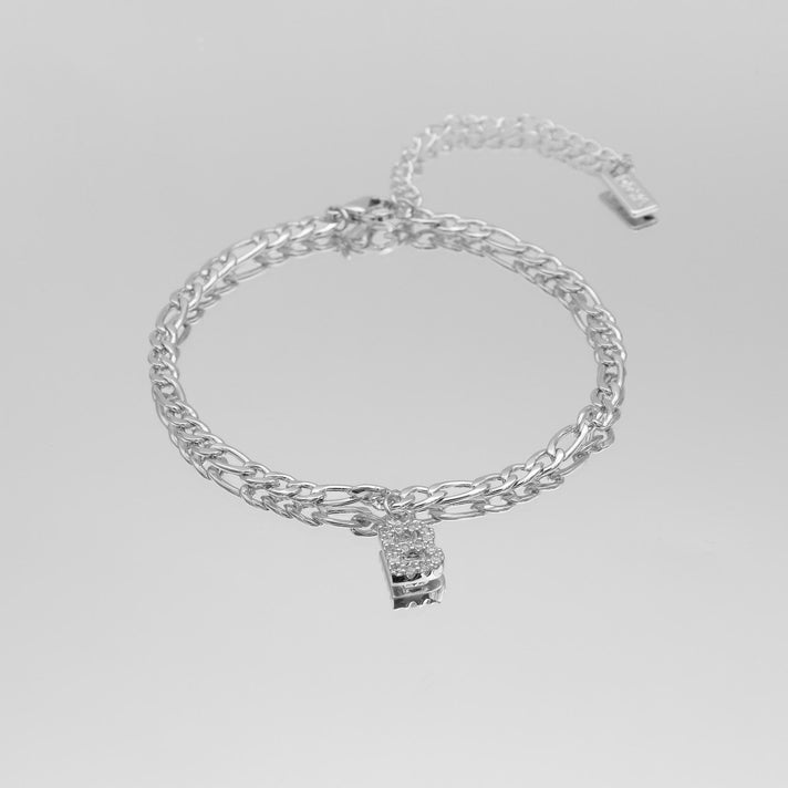 icy Initial Anklet in silver on figaro chain from PRYA Jewellery UK