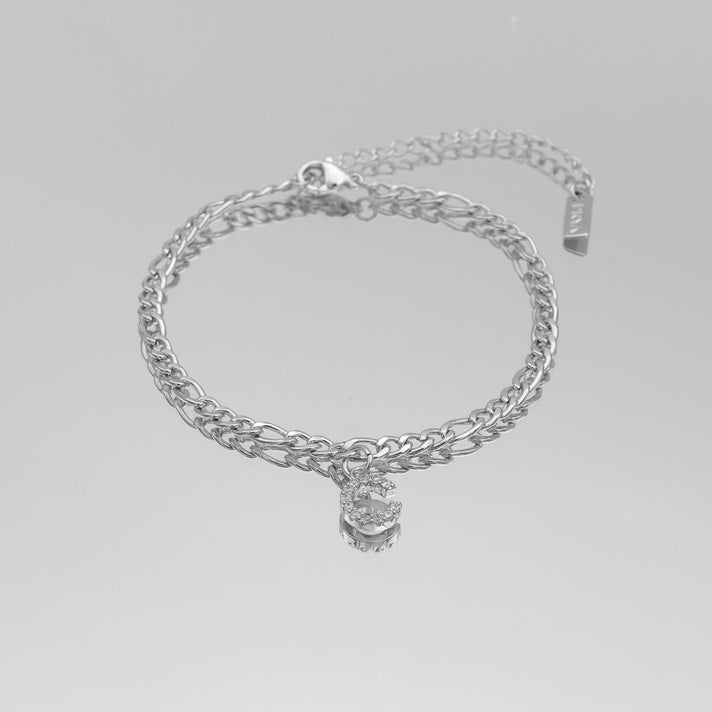 icy Initial Anklet in silver on figaro chain from PRYA Jewellery UK
