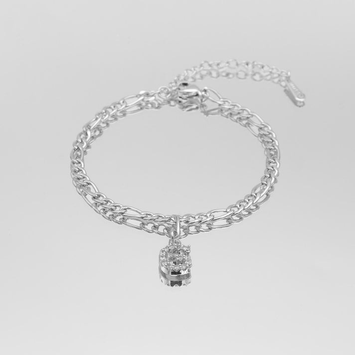 icy Initial Anklet in silver on figaro chain from PRYA Jewellery UK