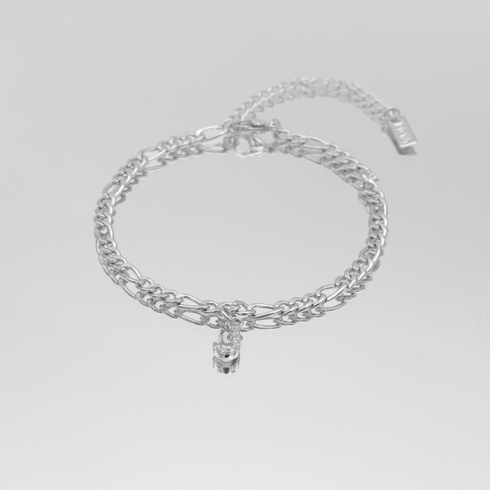 icy Initial Anklet in silver on figaro chain from PRYA Jewellery UK