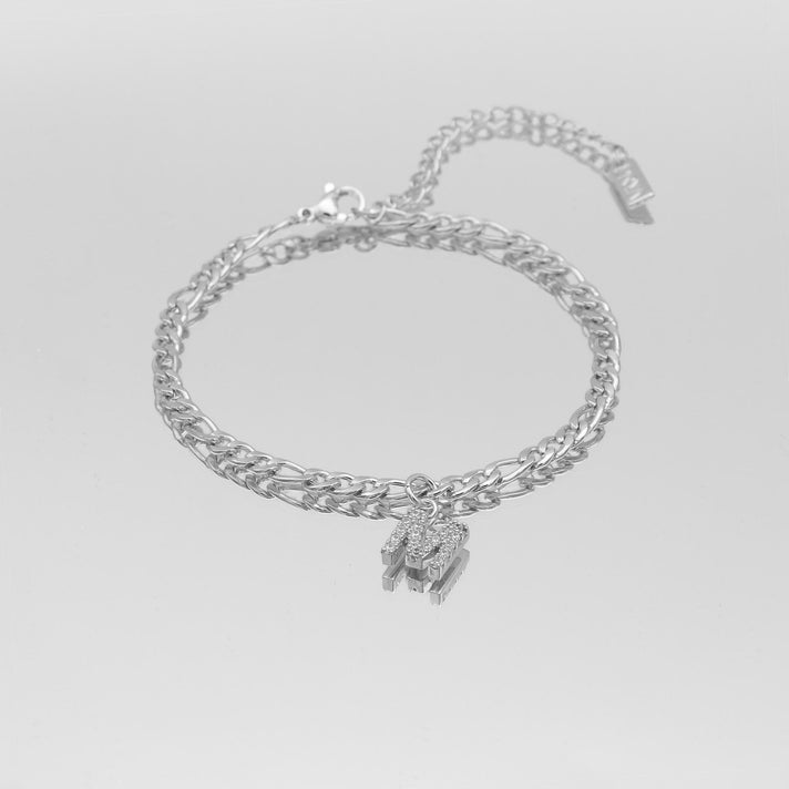 icy Initial Anklet in silver on figaro chain from PRYA Jewellery UK