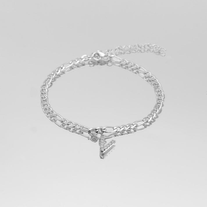 icy Initial Anklet in silver on figaro chain from PRYA Jewellery UK