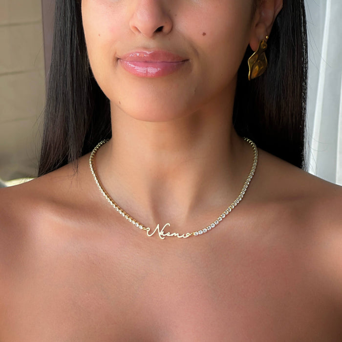 Personalised selina name necklace on tennis chain in gold from prya 