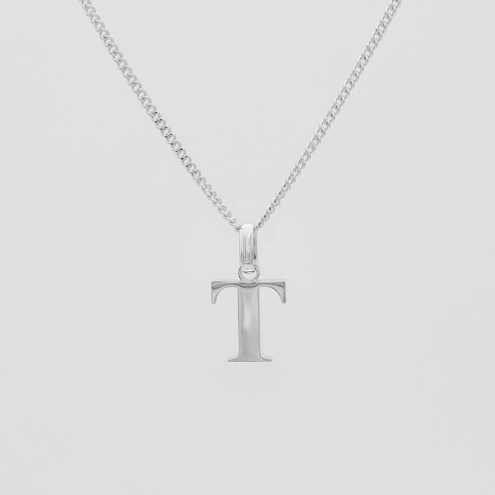 Roman Capital Initial Letter T Necklace in Silver | PRYA 