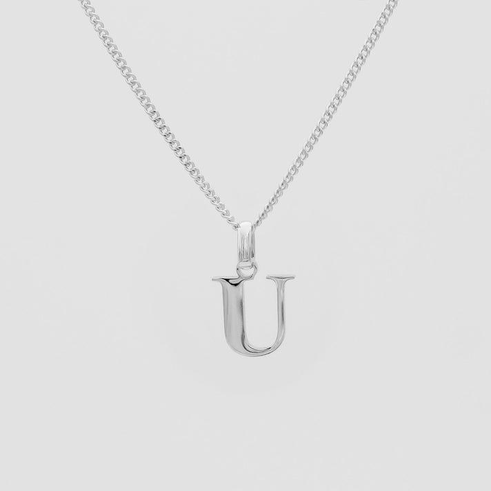 Roman Capital Initial Letter U Necklace in Silver | PRYA 