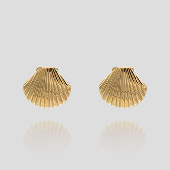 Kailani Seashell Earrings features a unique textured gold design with intricate shell detailing from prya