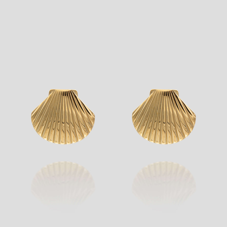 Kailani Seashell Earrings features a unique textured gold design with intricate shell detailing from prya