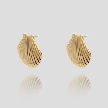 Kailani Seashell Earrings features a unique textured gold design with intricate shell detailing from prya