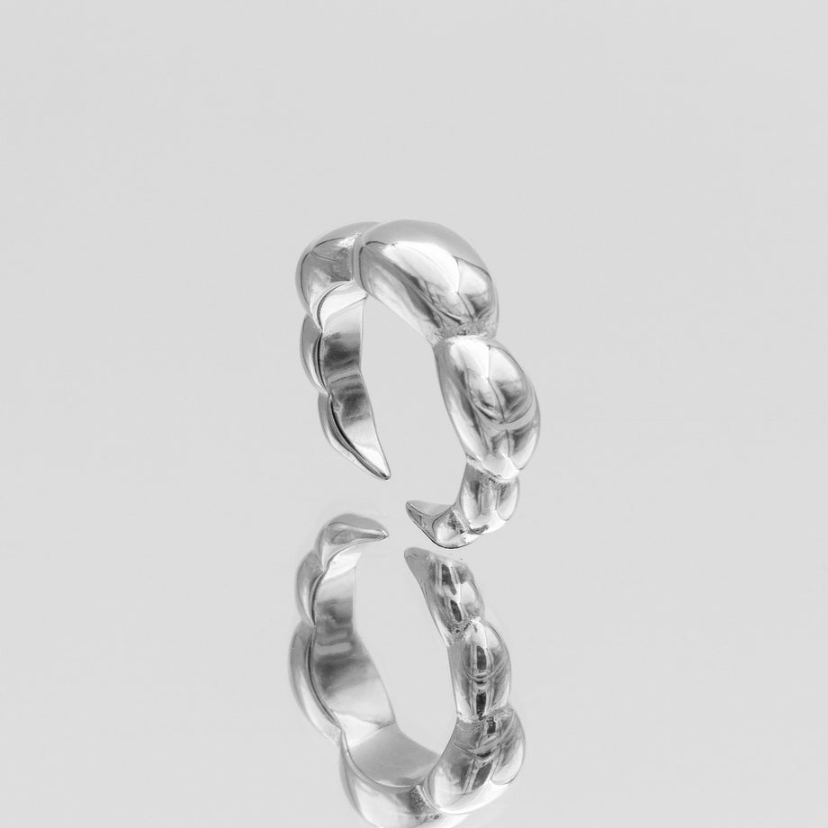 Lia Bubble Band Ring, crescent-shaped bubble design crafted in silver plated stainless steel from prya