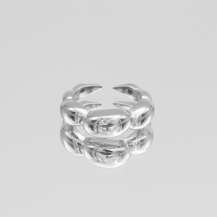 Lia Bubble Band Ring, crescent-shaped bubble design crafted in silver plated stainless steel from prya