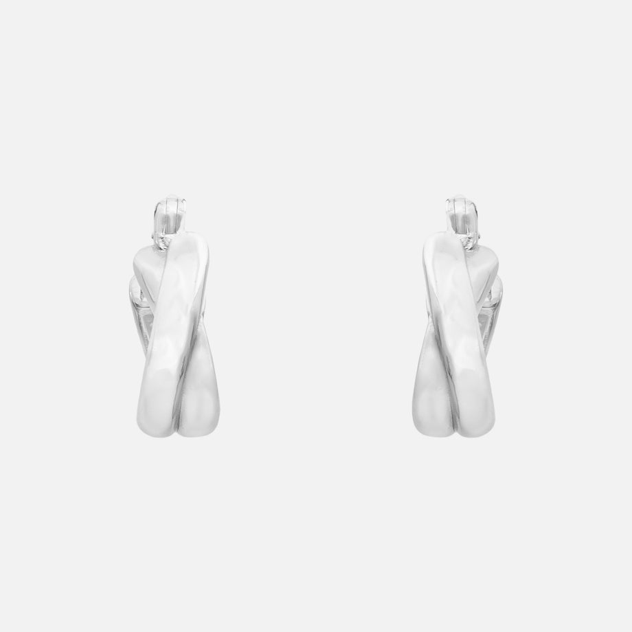 side view of Liora Twisted Hoop Earrings in white gold plated sterling silver base