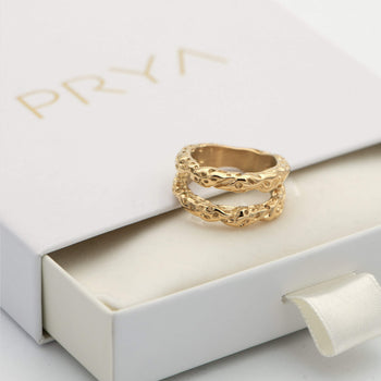 Luciana Ring featuring a double-layered Gold plated band with a unique hammered, sea urchin texture on Prya Gift box