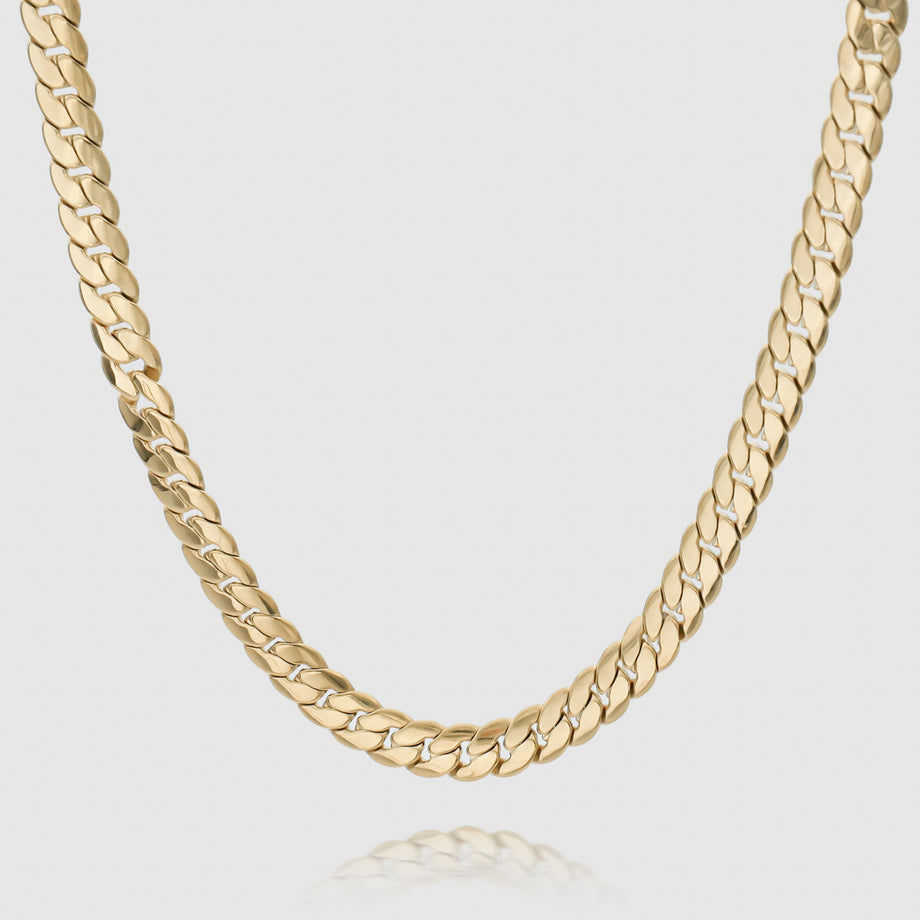 Gold chain necklace on white background.