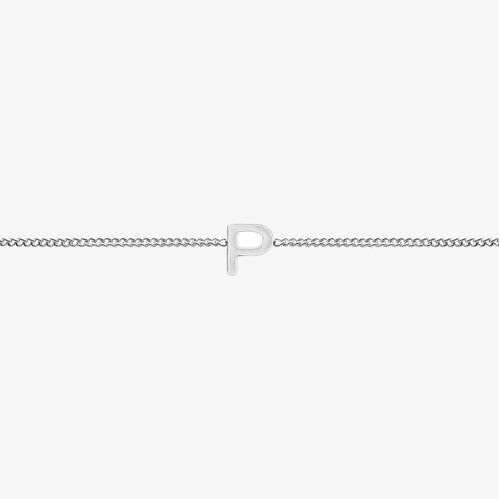 Maia Initial Bracelet with 'P' pendant on a delicate silver chain, perfect accessory for any occasion.