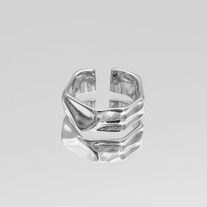 Malia Ring, featuring a molten design crafted in Silver plated stainless steel.