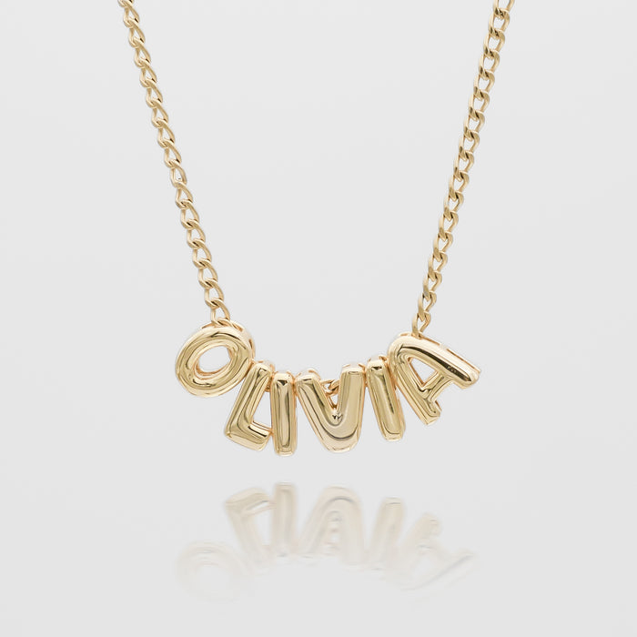 Personalised bubble letter necklace, with gold, silver and rose gold option, featuring customisable ballon-shaped letters, charms, and the & symbol on multiple chain options