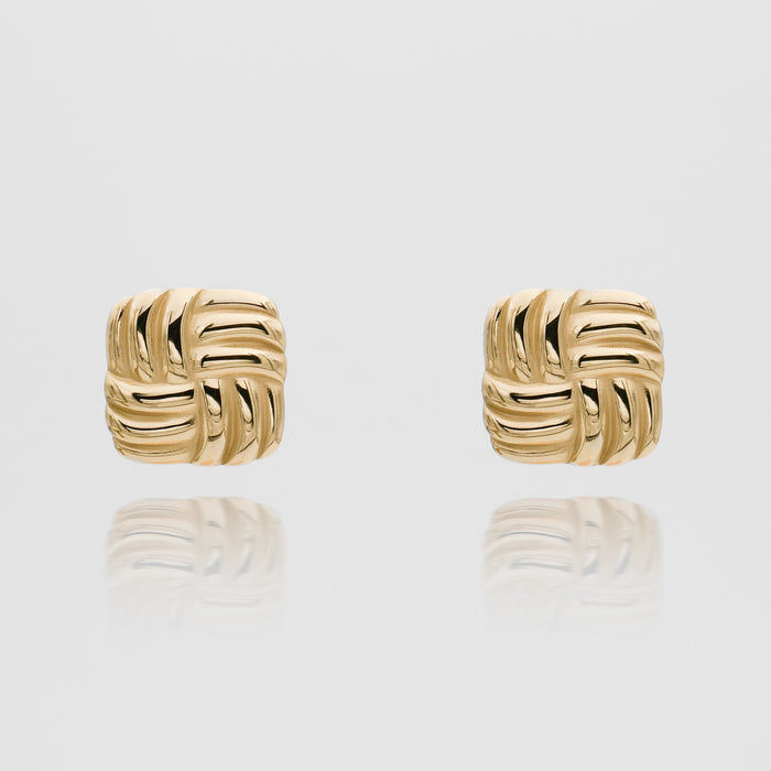 Gold woven square stud earrings.